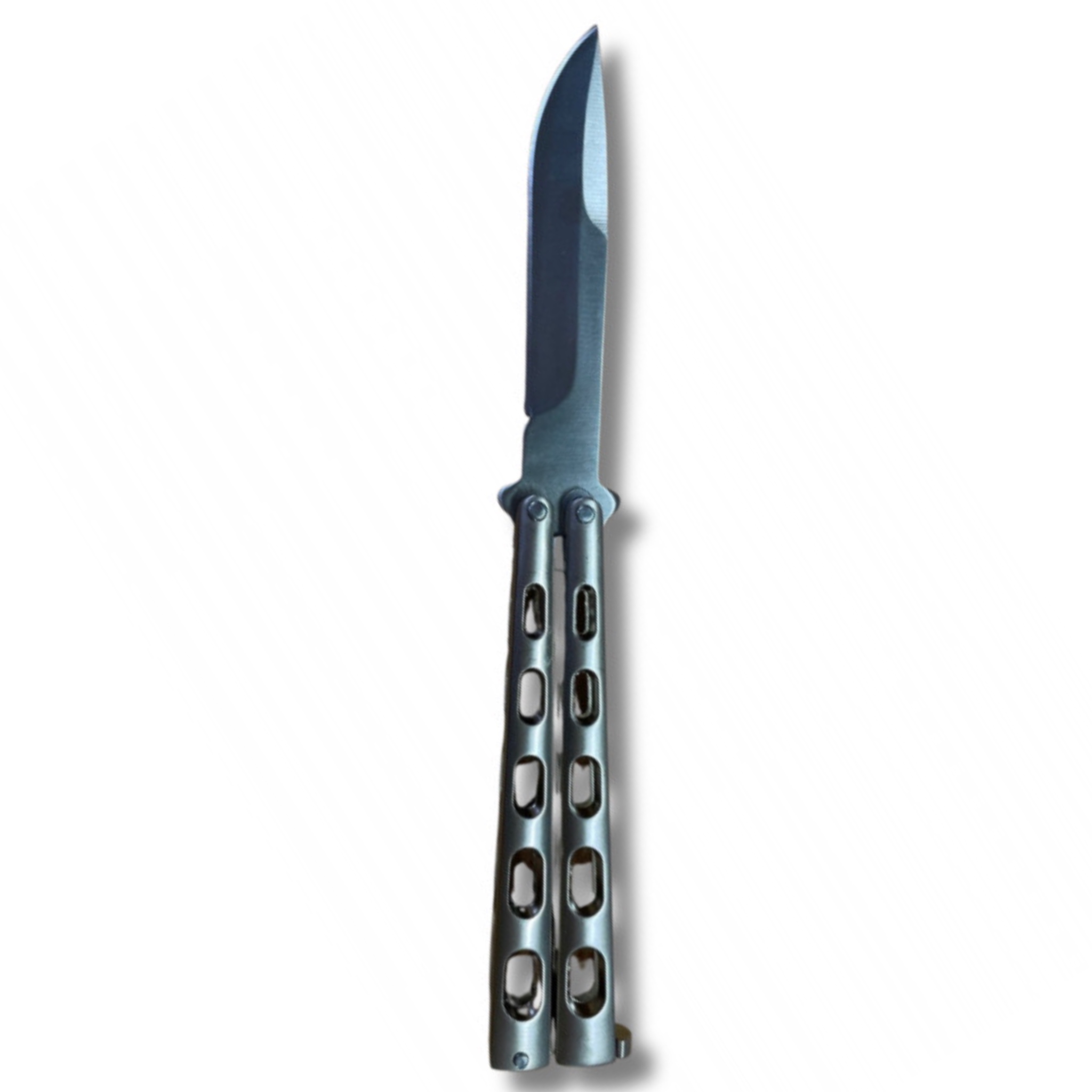 Couteau papillon gris manche ajouré, lame acier 420 de 9 cm 2