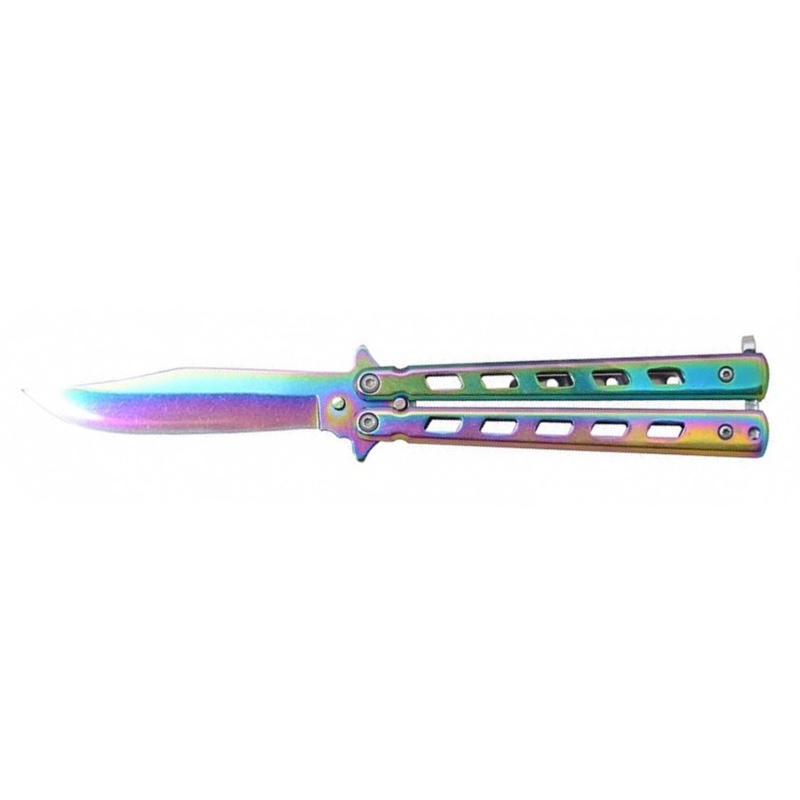 Couteau papillon Rainbow ajouré, finition irisée, lame 11 cm