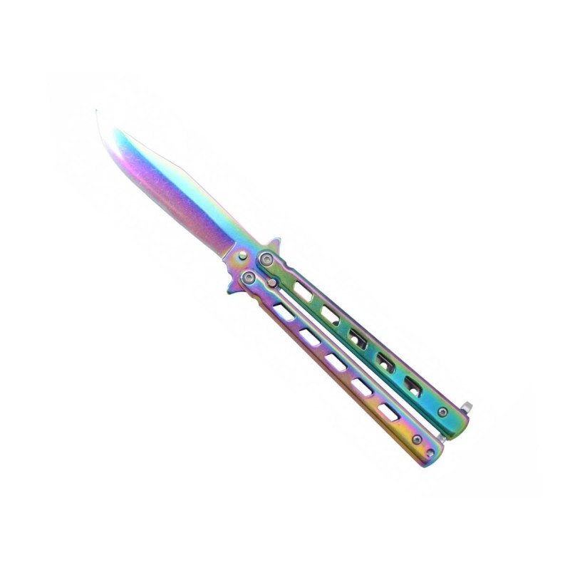 Couteau papillon Rainbow ajouré, finition irisée, lame 11 cm 2