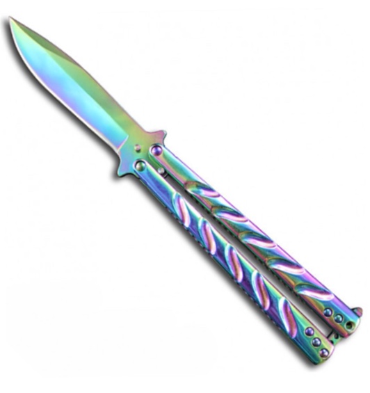 Couteau papillon rainbow manche gravé, lame clip point 440A 10 cm 3
