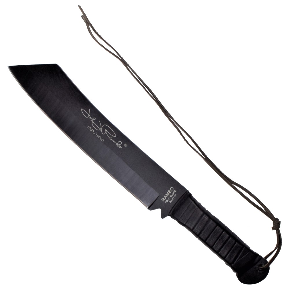 Couteau machette Rambo IV, lame acier 440 noire 29 cm, étui cuir