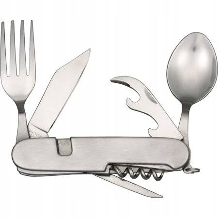 Couteau de camping multifonctions gris avec couverts, lame 3 cm