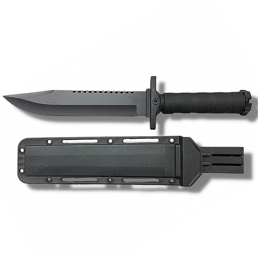 Couteau de survie noir, lame inox 21 cm dos dentelé, étui ABS