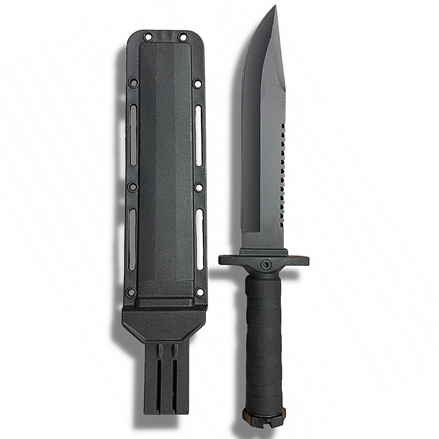 Couteau de survie noir, lame inox 21 cm dos dentelé, étui ABS 2