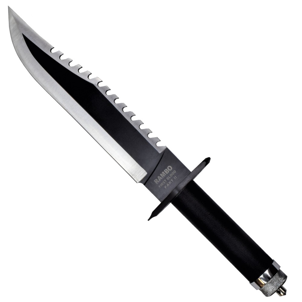Couteau de survie Rambo II, lame inox dentée 25 cm, kit et étui cuir