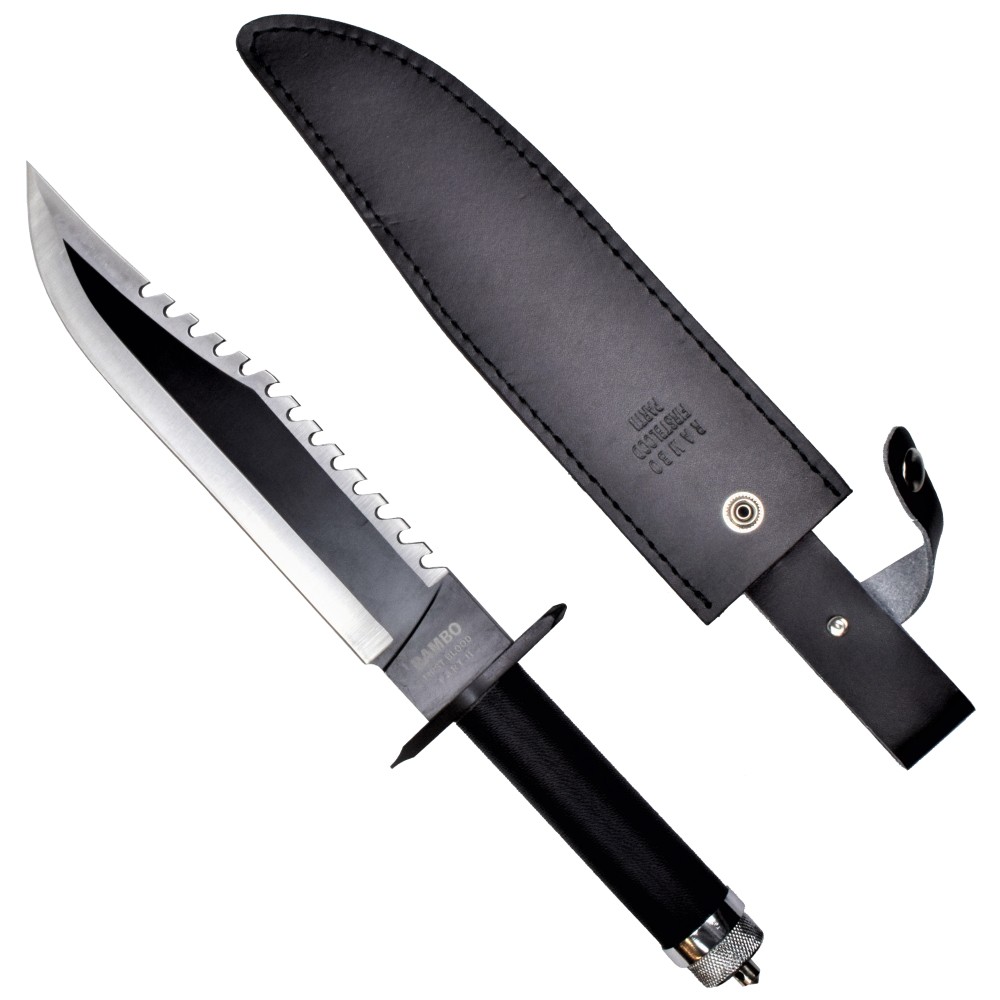 Couteau de survie Rambo II, lame inox dentée 25 cm, kit et étui cuir 2