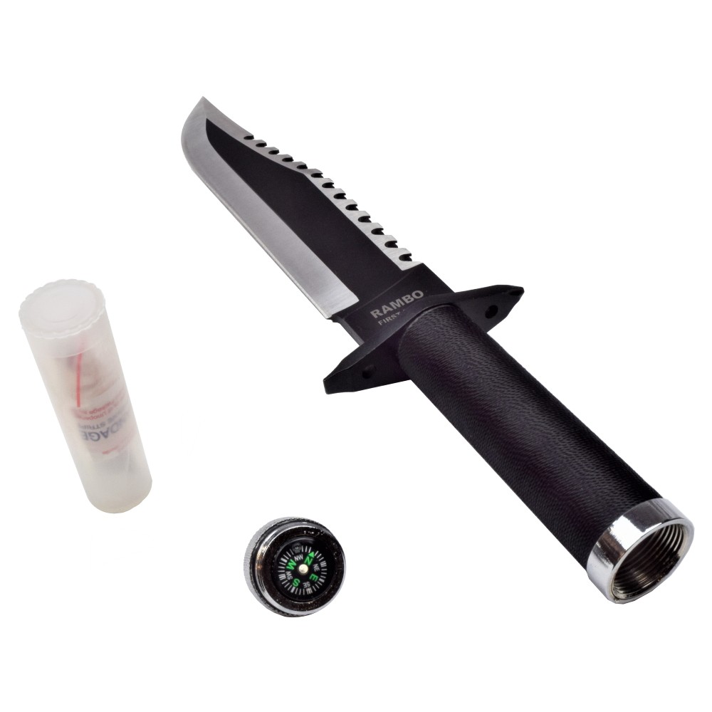 Couteau de survie Rambo II, lame inox dentée 25 cm, kit et étui cuir 4