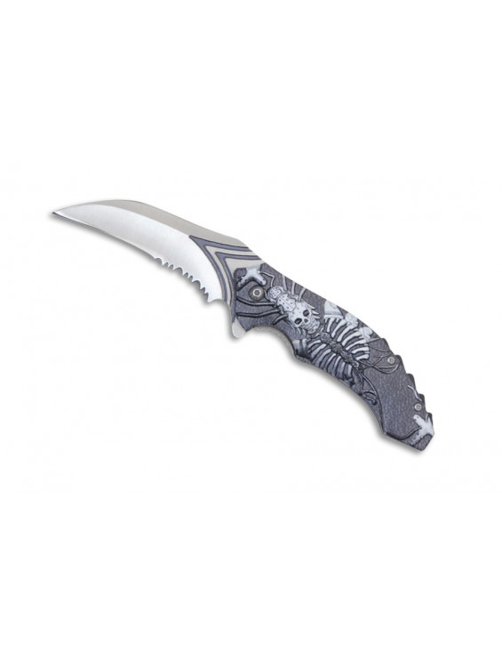 Couteau pliant tête de mort, lame inox courbe 10 cm, ouverture assistée