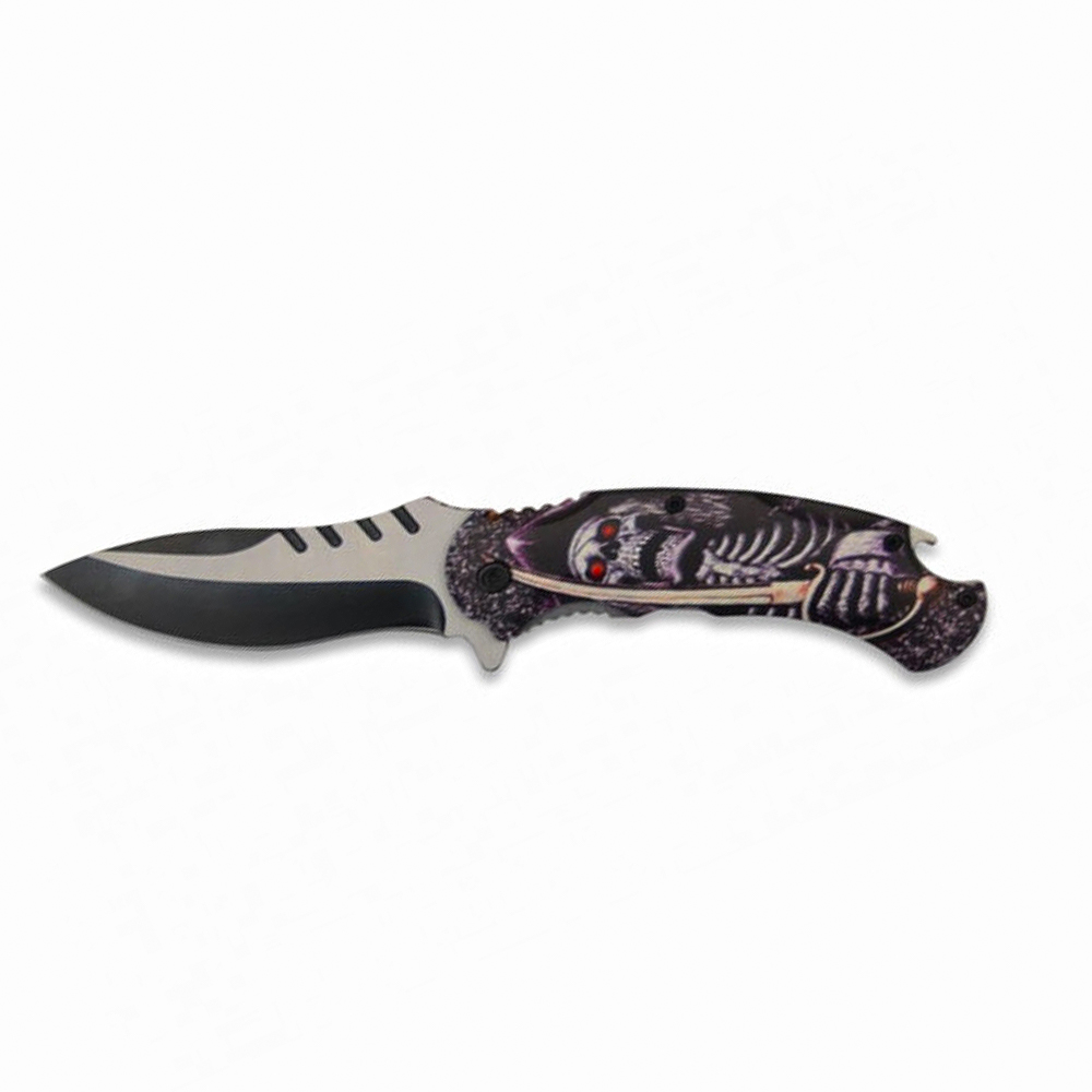 Couteau pliant tête de mort pirate, lame inox 9 cm, ouverture assistée