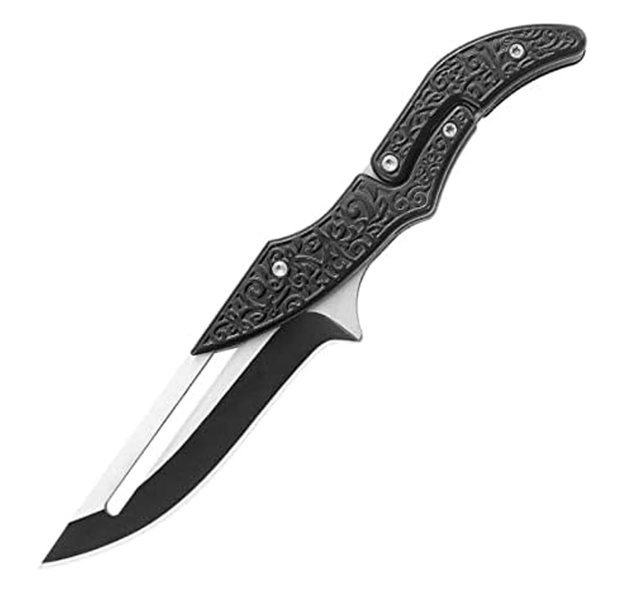 Couteau pliant mécanique noir, lame acier D2 9,6 cm, 19,1 cm ouvert