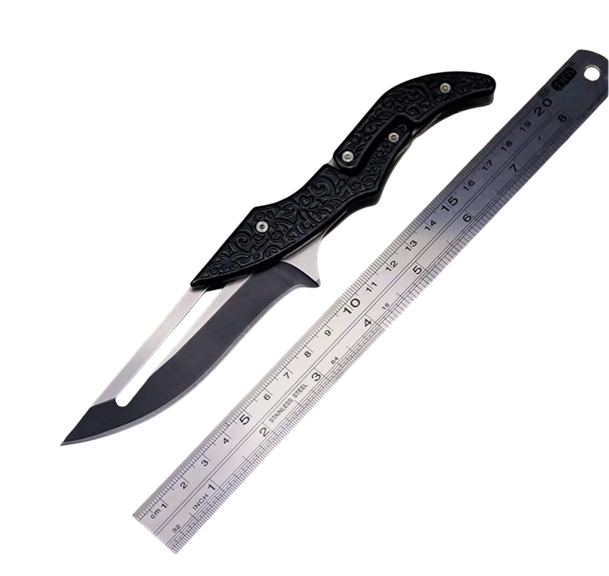 Couteau pliant mécanique noir, lame acier D2 9,6 cm, 19,1 cm ouvert 4