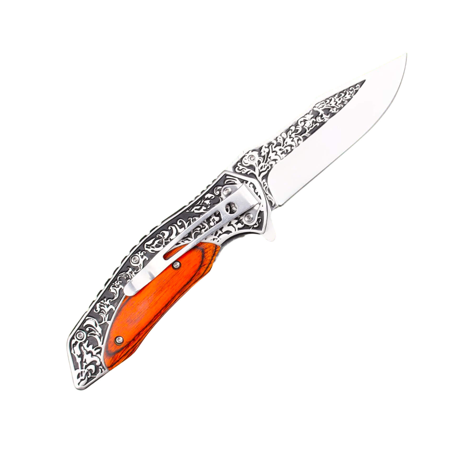 Couteau pliant vintage manche bois et acier gravé, lame inox 9,5 cm 2