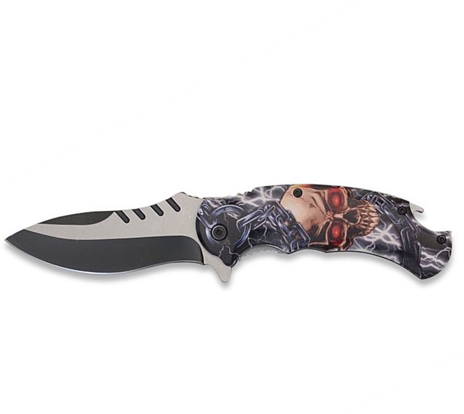 Couteau pliant tête de mort éclair, lame inox 9 cm, ouverture assistée