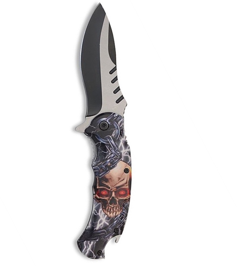 Couteau pliant tête de mort éclair, lame inox 9 cm, ouverture assistée 2