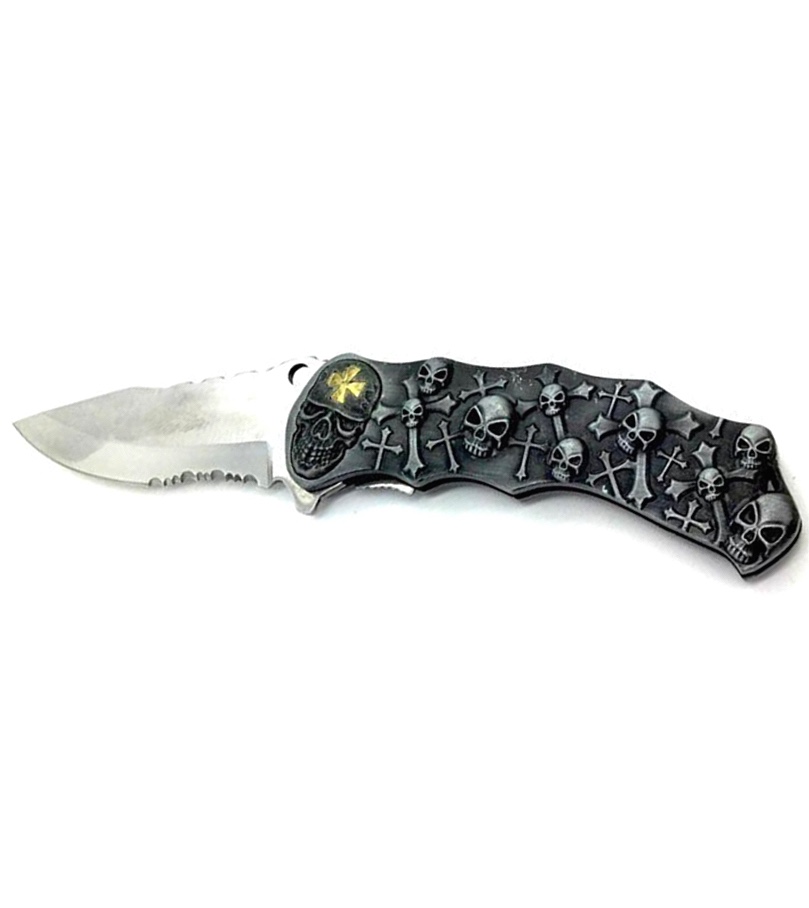 Couteau pliant têtes de mort en relief, lame inox 9 cm, 21 cm ouvert