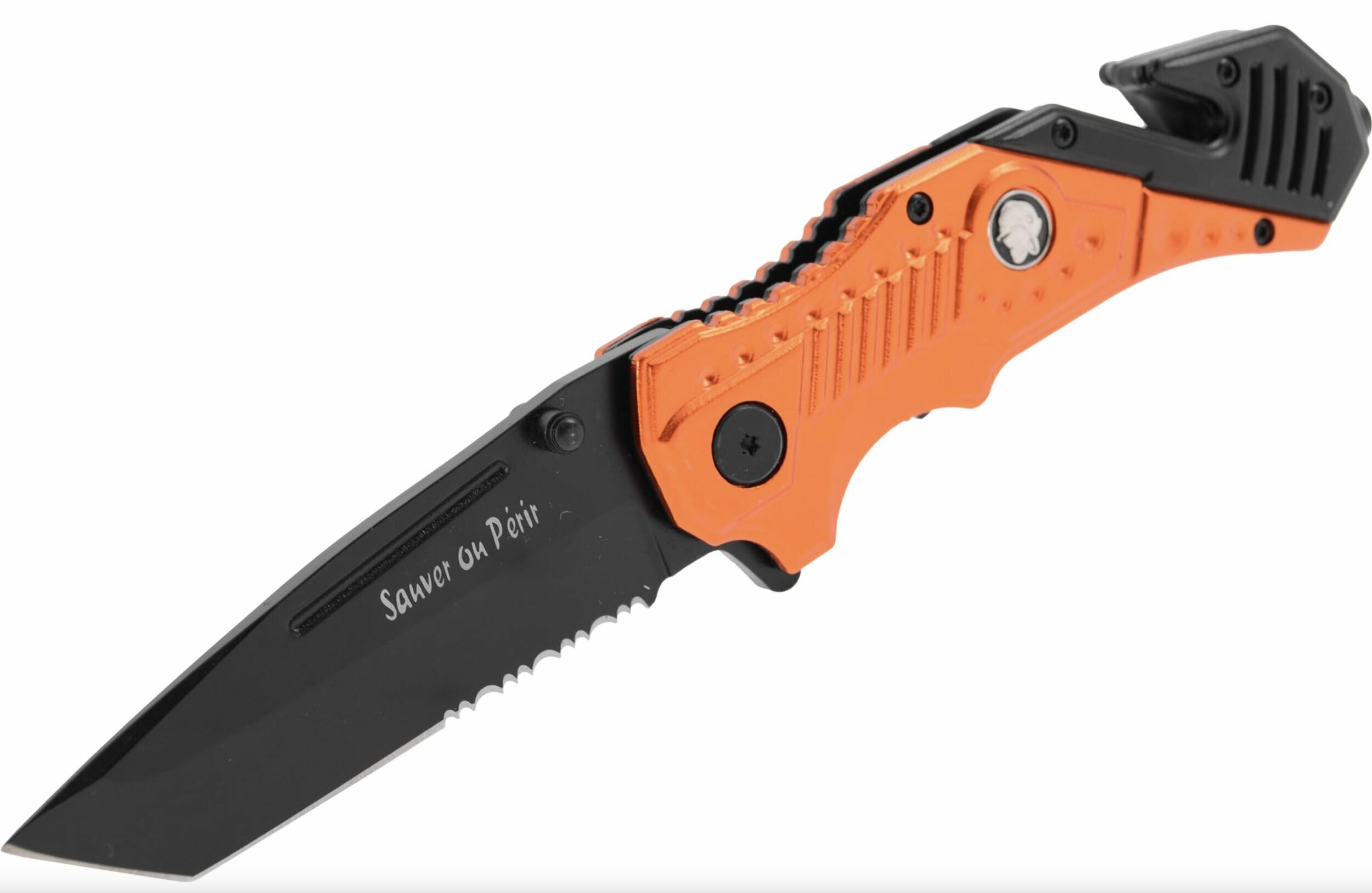 Couteau pliant Pompier de Paris, lame tanto 8 cm, manche alu orange