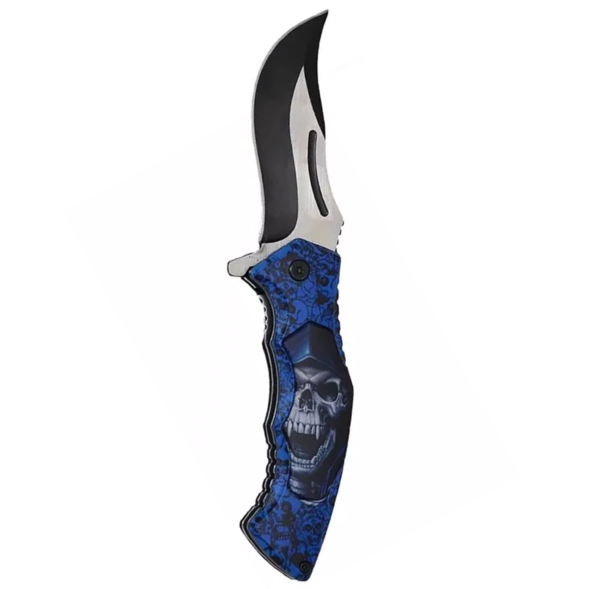 Couteau pliant tête de mort bleu, lame noire 8,5 cm, 20,5 cm ouvert 2