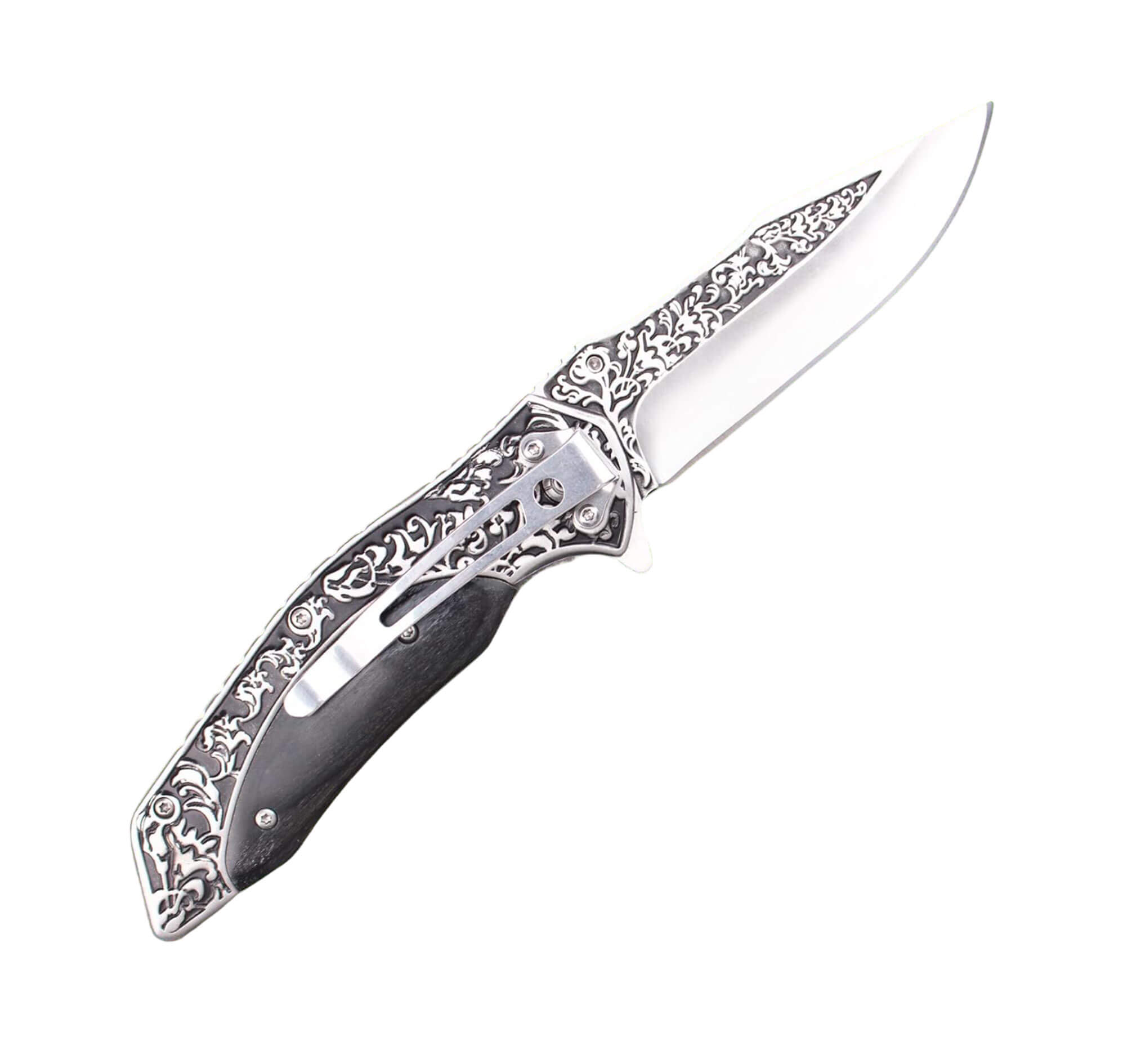 Couteau pliant vintage acier gravé et bois noir, lame 9,5 cm 2