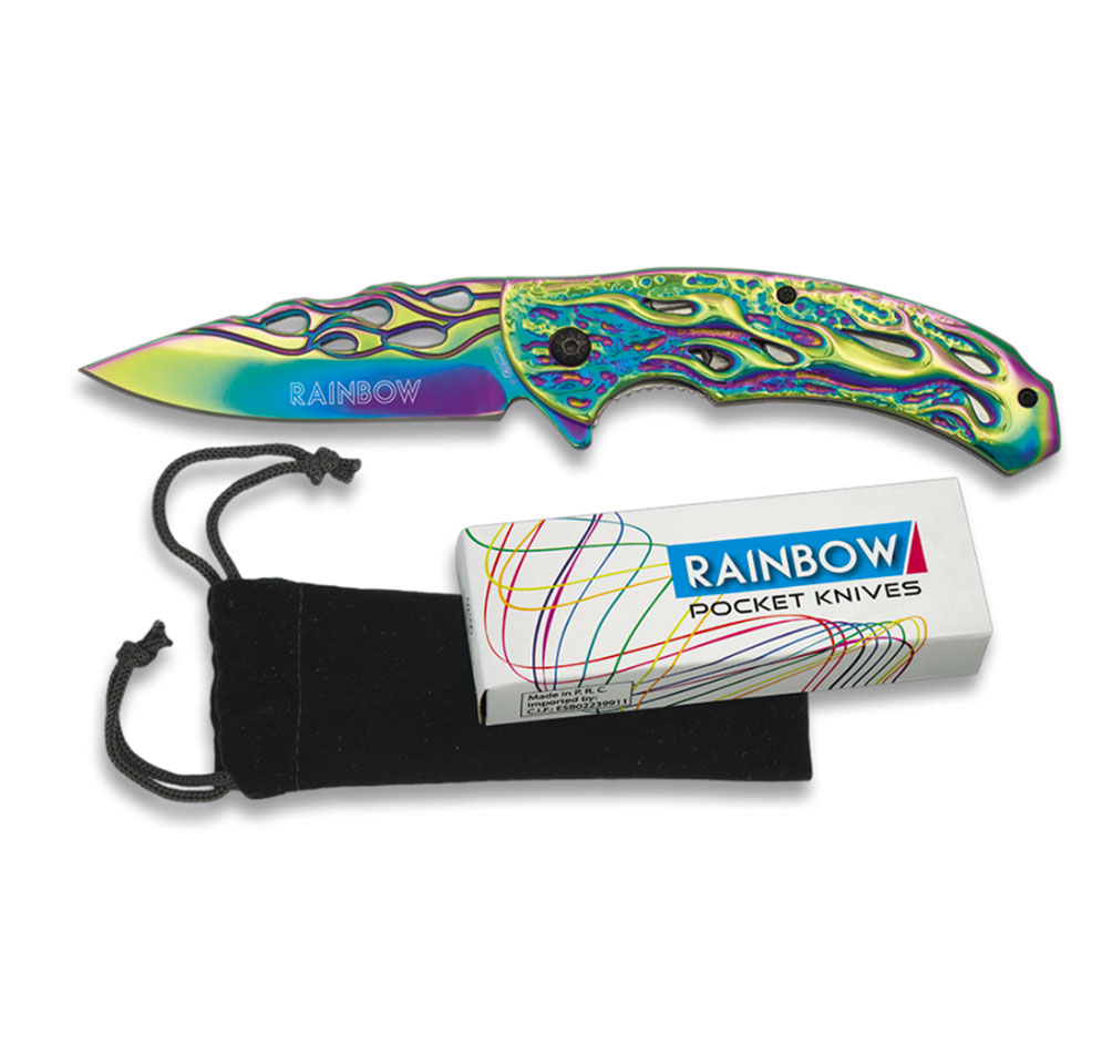 Couteau pliant Rainbow finition arc-en-ciel, lame ajourée 8,8 cm