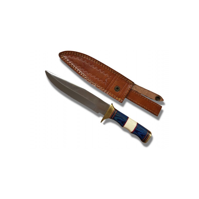 Grand couteau à lame fixe 19 cm, manche bois bicolore, étui cuir