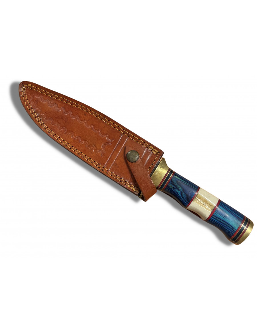 Grand couteau à lame fixe 19 cm, manche bois bicolore, étui cuir 2