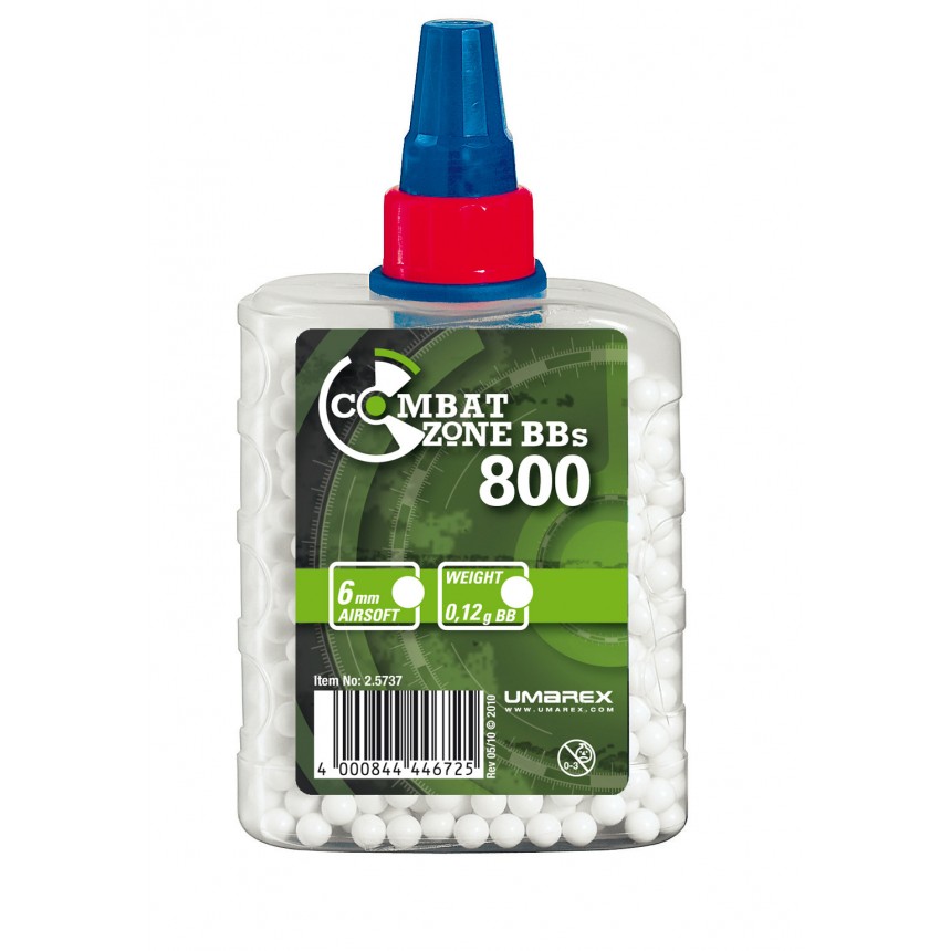 Billes airsoft 6 mm Umarex Combat Zone 0,12 g blanches, biberon de 800