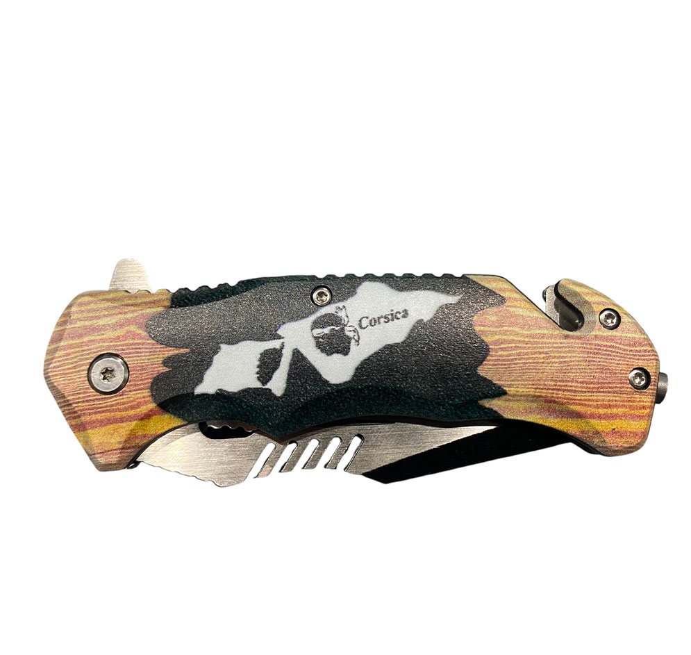 Couteau pliant Corse manche décor bois, lame inox 9 cm, brise-vitre 3