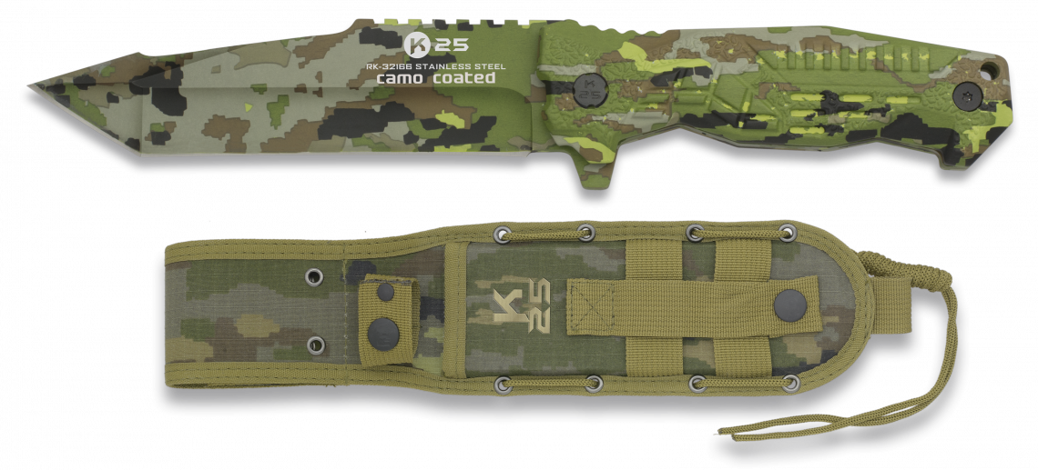 Couteau à lame fixe K25 Camo 27 cm, lame tanto 14 cm, étui nylon