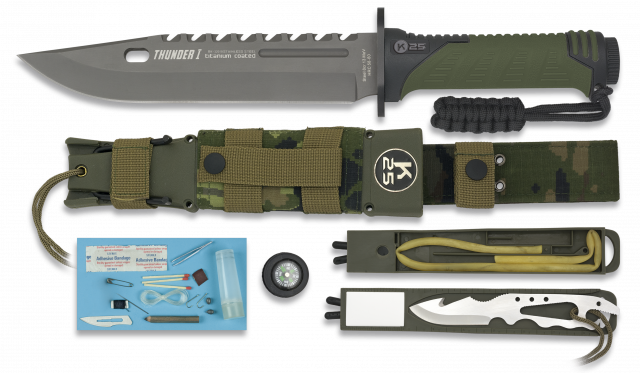 Couteau de survie K25 Thunder I vert, lame 20 cm, kit de survie