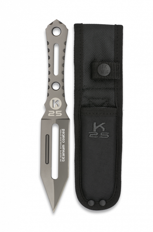 Couteau de lancer K25 monobloc 19,5 cm, lame 9,5 cm, étui nylon