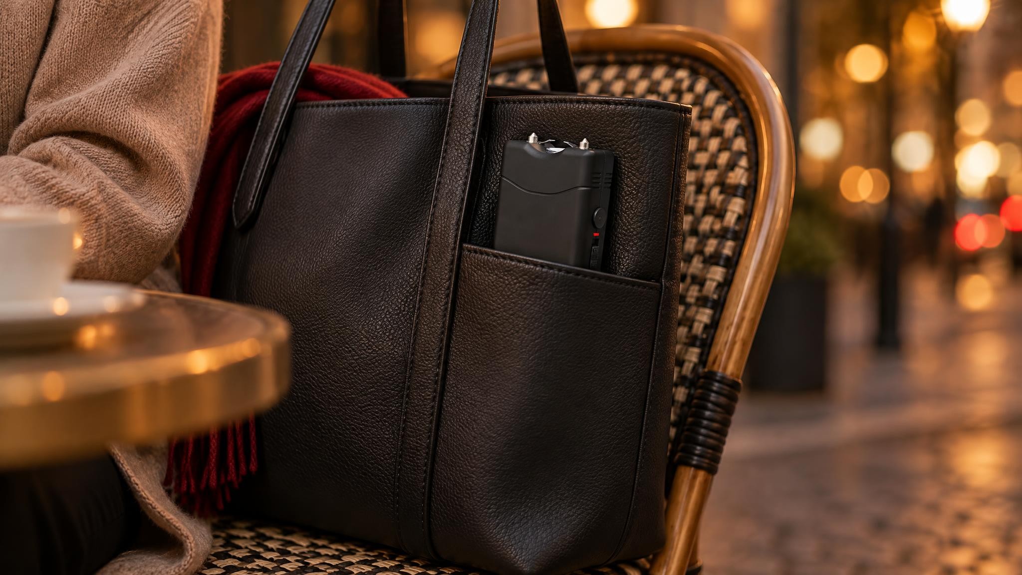 Shocker électrique rangé dans la poche extérieure d'un sac à main