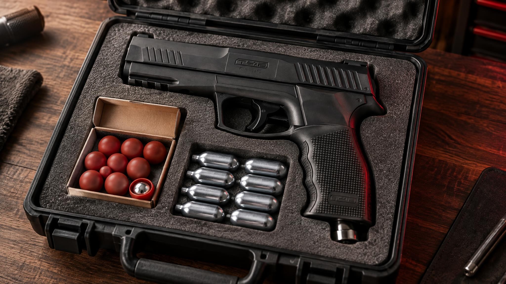Pistolet de défense T4E dans sa mallette avec capsules de CO2 et billes