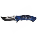 Couteau pliant tête de mort bleu, lame noire 8,5 cm, 20,5 cm ouvert