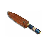 Grand couteau à lame fixe 19 cm, manche bois bicolore, étui cuir 2