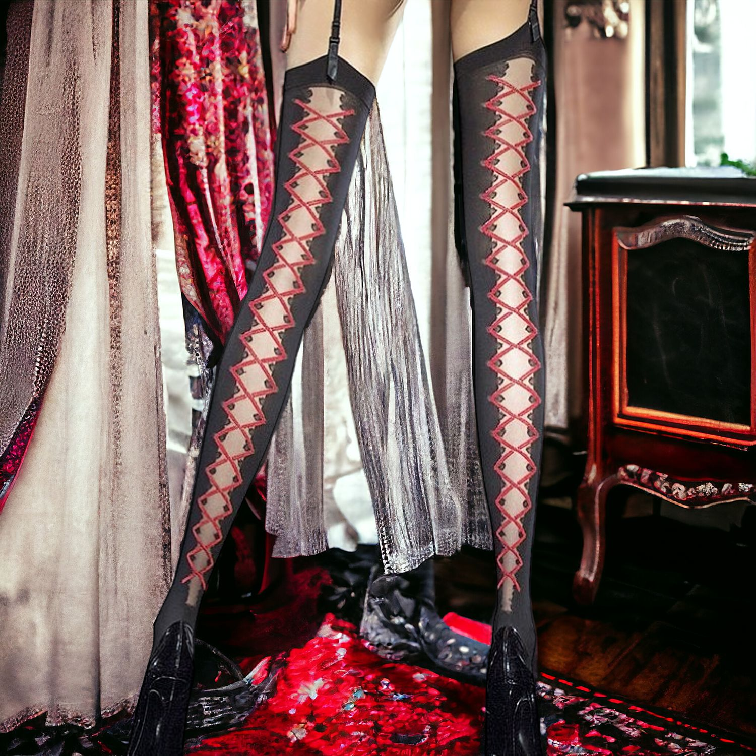 bas jarretelle laçage rouge sexy