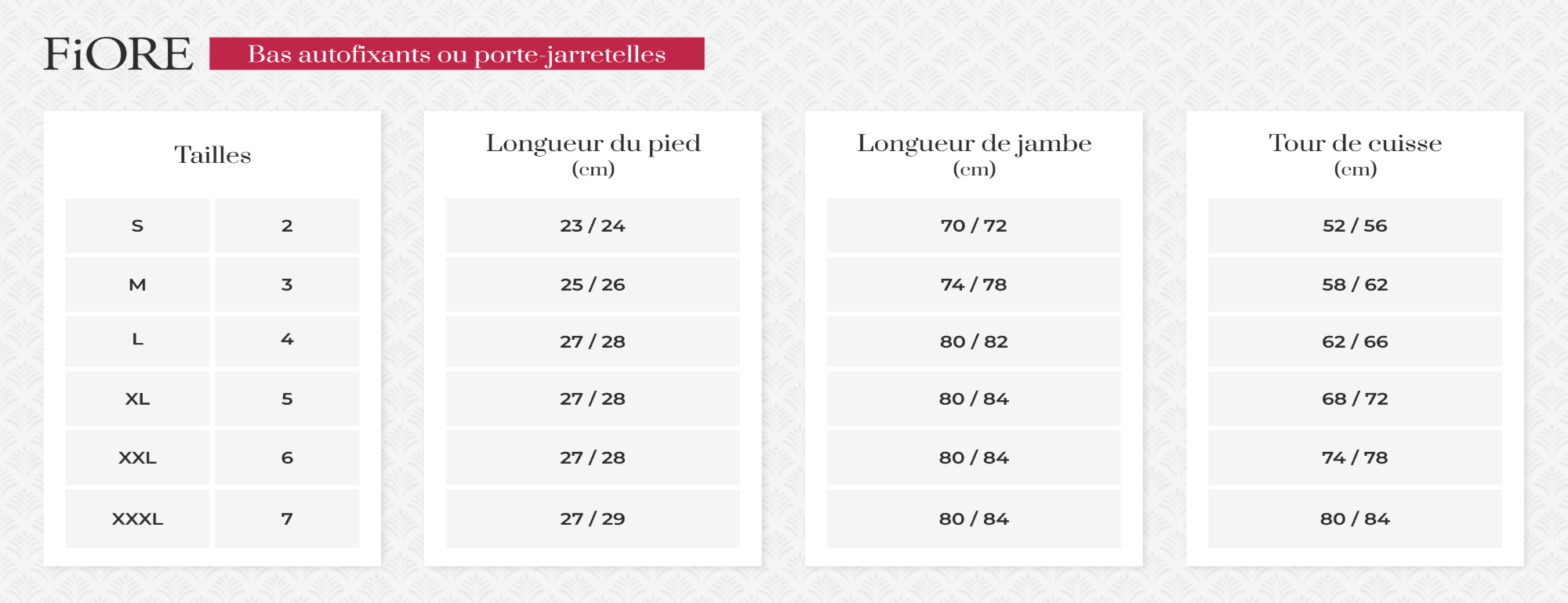 Tailles fiore bas up et bas porte jarretelles