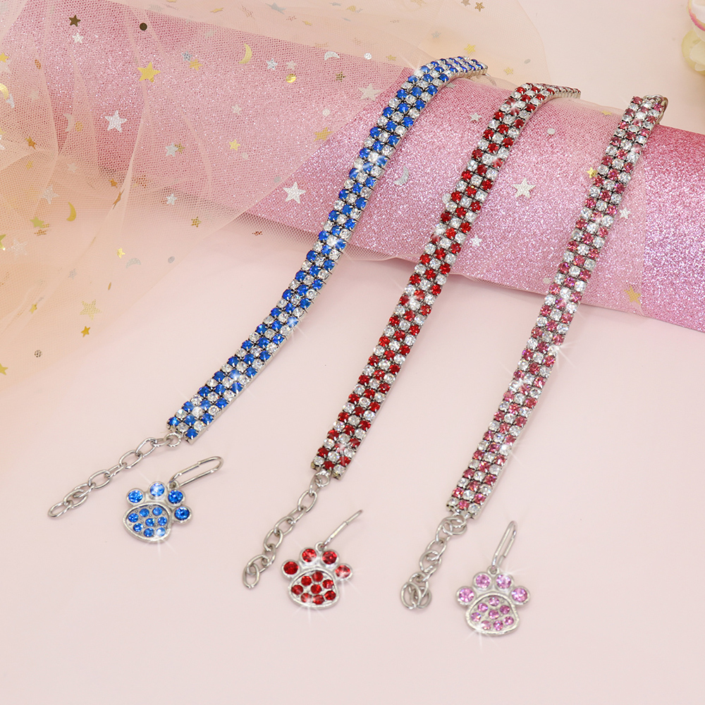 Rhinestone-Cute-Paw-Dog-Collar-Products-for-Dogs-20-25-33CM-Blue-Red-Pink-Adjustable-Collar