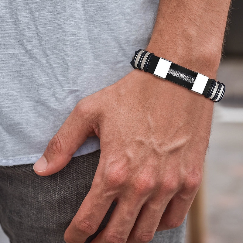 Vnox-acier-inoxydable-Bracelet-hommes-Bracelet-noir-rainur-gouvernail-Silicone-maille-lien-ins-rer-Punk-Bracelet