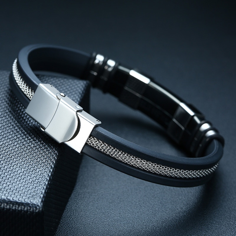 Vnox-acier-inoxydable-Bracelet-hommes-Bracelet-noir-rainur-gouvernail-Silicone-maille-lien-ins-rer-Punk-Bracelet