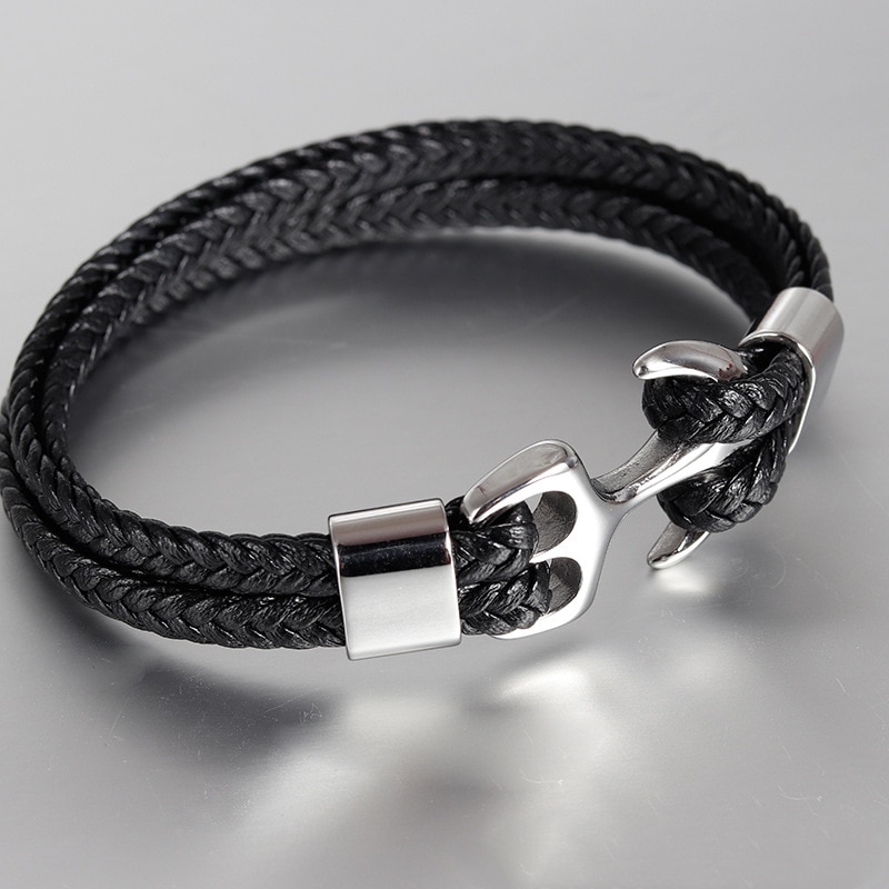 Haute-qualit-hommes-titane-acier-Bracelet-noir-personnalit-en-cuir-tiss-ancre-cuir-Bracelet-corde-Bracelet