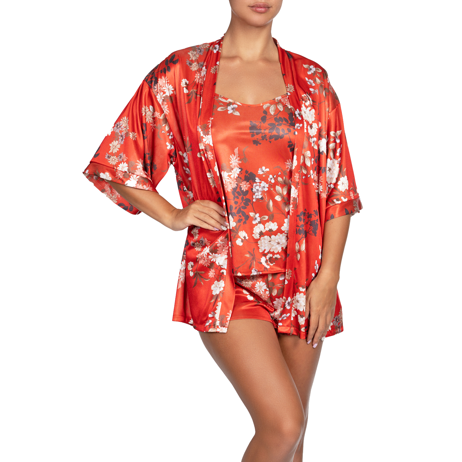 ensemble de nuit kimono et caraco en satin imprimé orange
