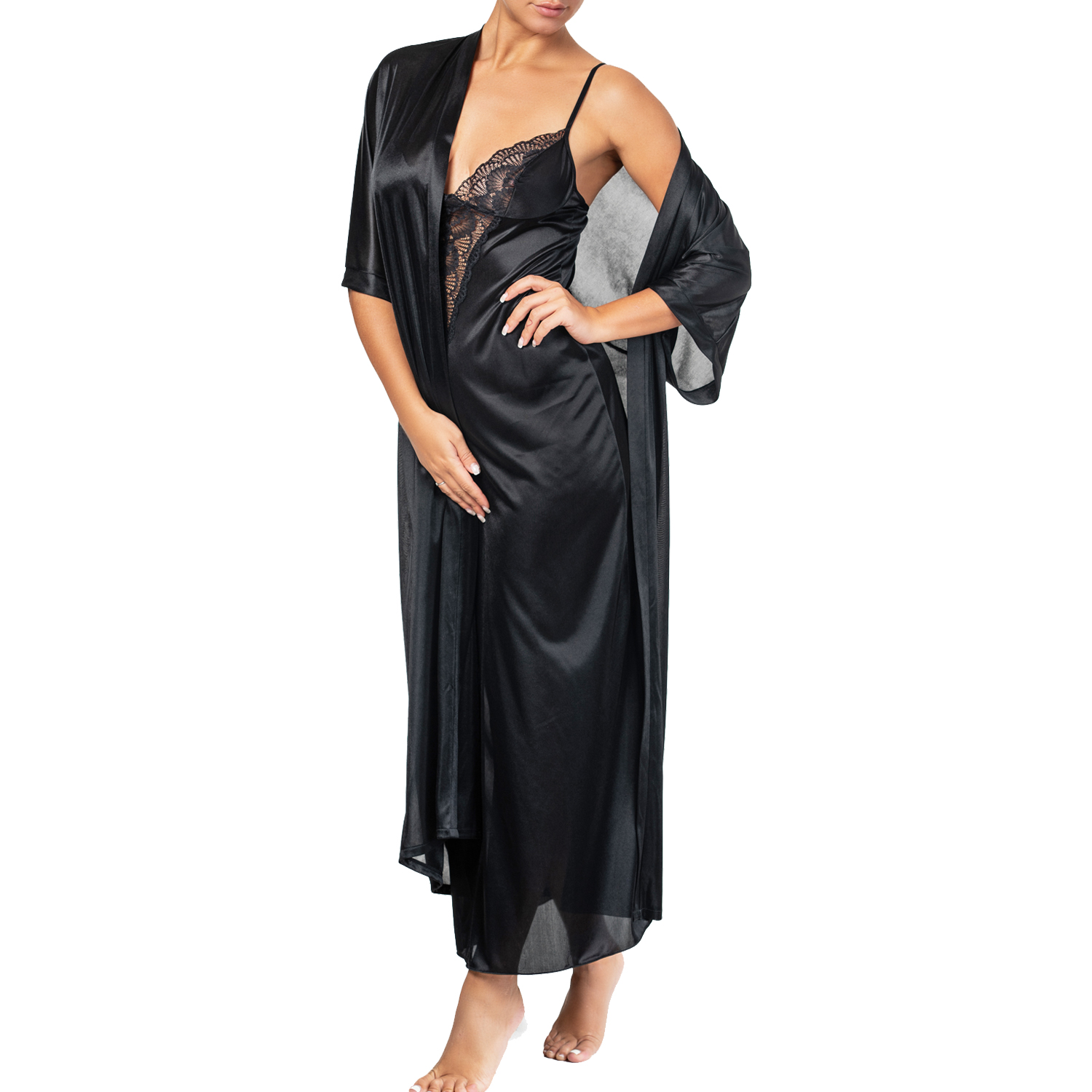 nuisette longue noire avec dentelle poitrine