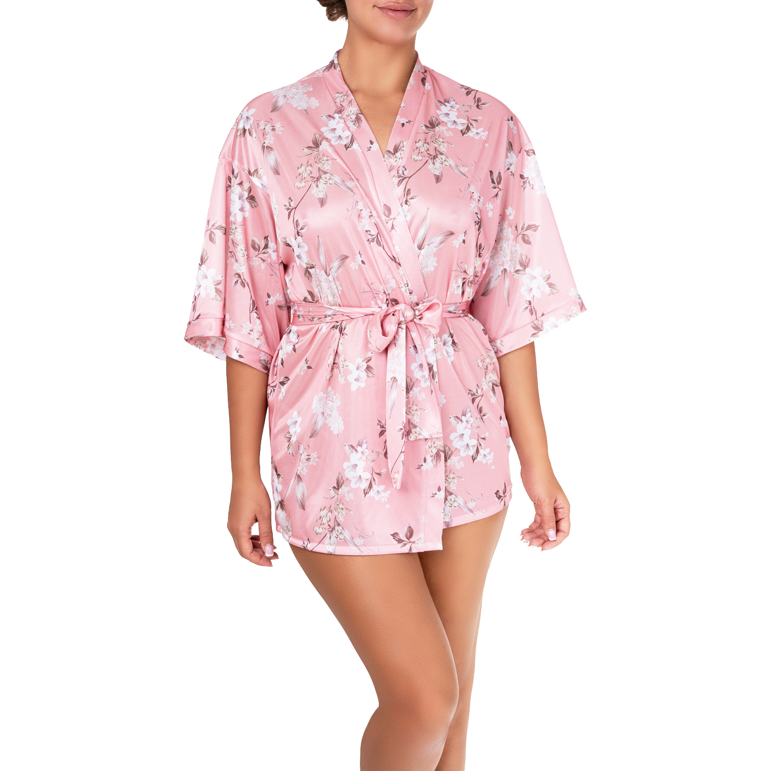 kimono en satin imprimé rose