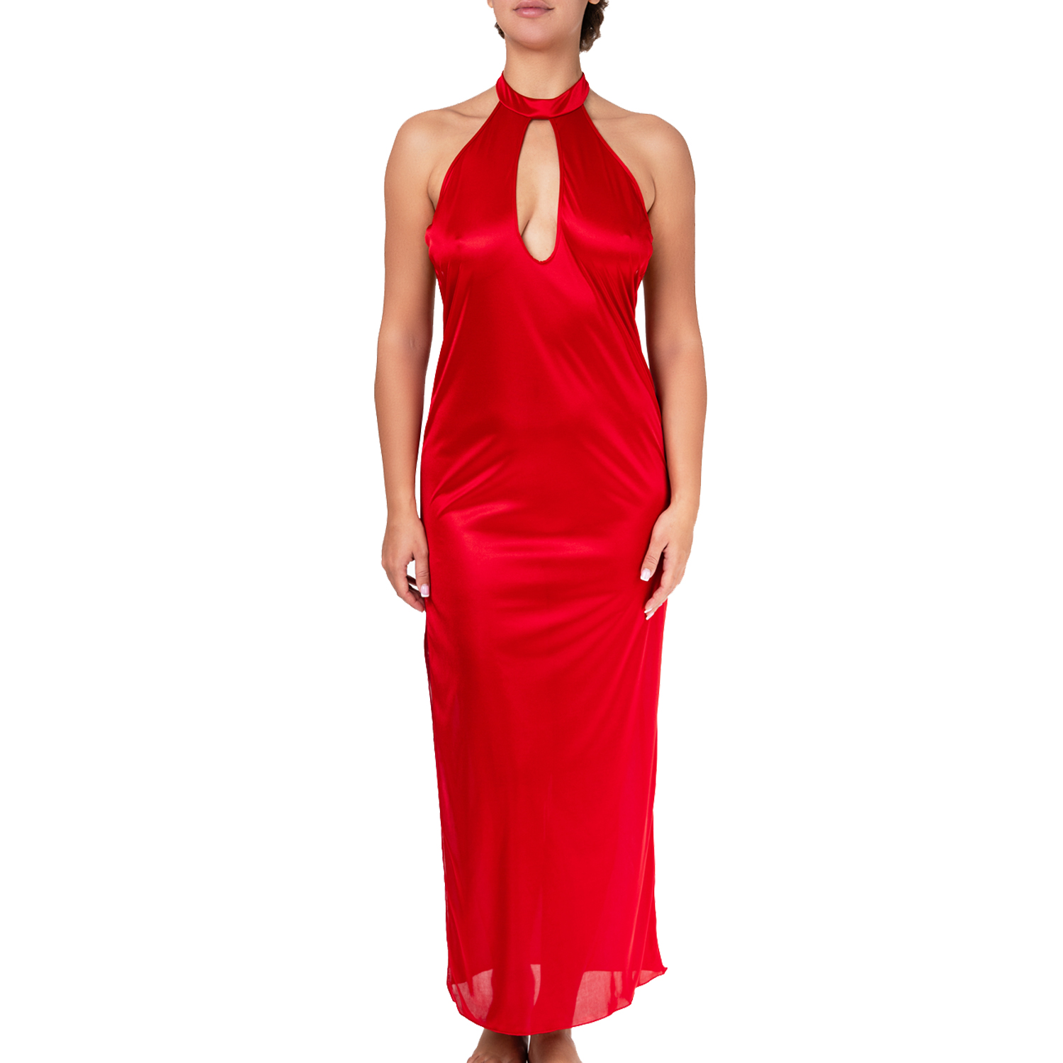 photo d'une longue nuisette en satin rouge avec un décolleté plongeant