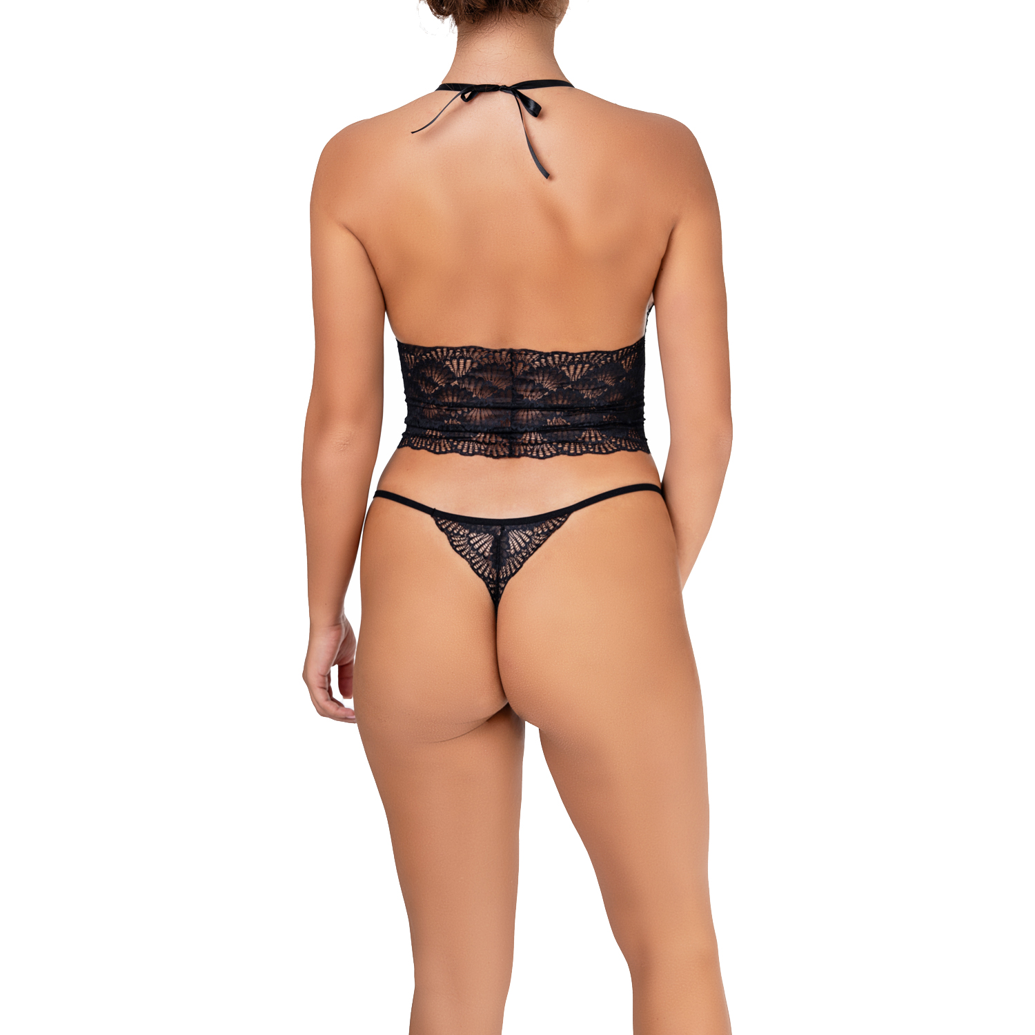 photo du dos dun ensemble bustier et string en dentelle noire