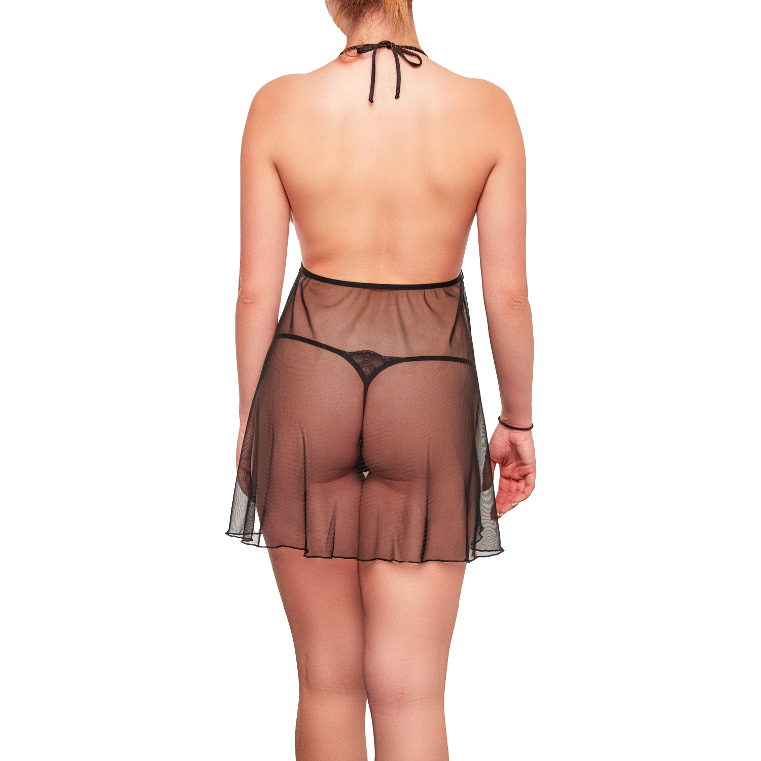 photo dun dos de nuisette en tulle transparent noir avec dentelle sur la poitrine