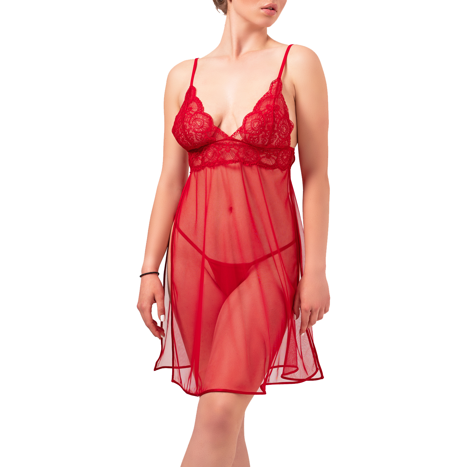 photo dun dos de nuisette en tulle rouge avec  grande fente de chaque côté