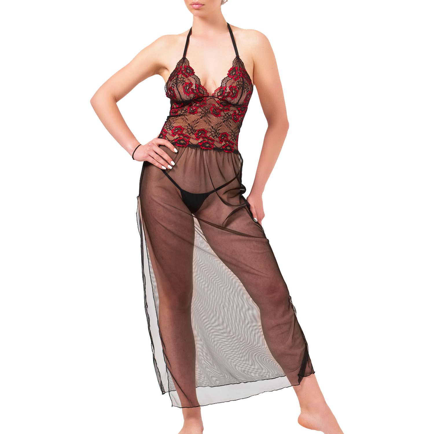 photo dune longue nuisette en dentelle bicolore et tulle transparent