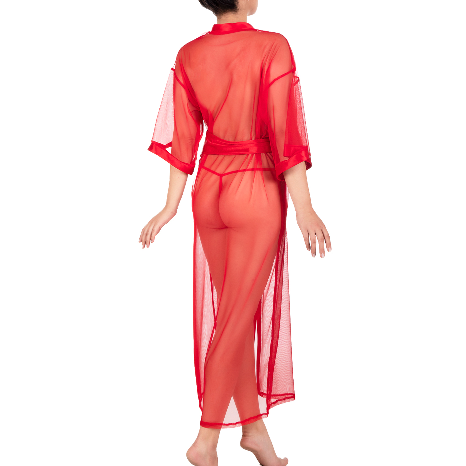 dos long déshabillé en tulle transparent rouge