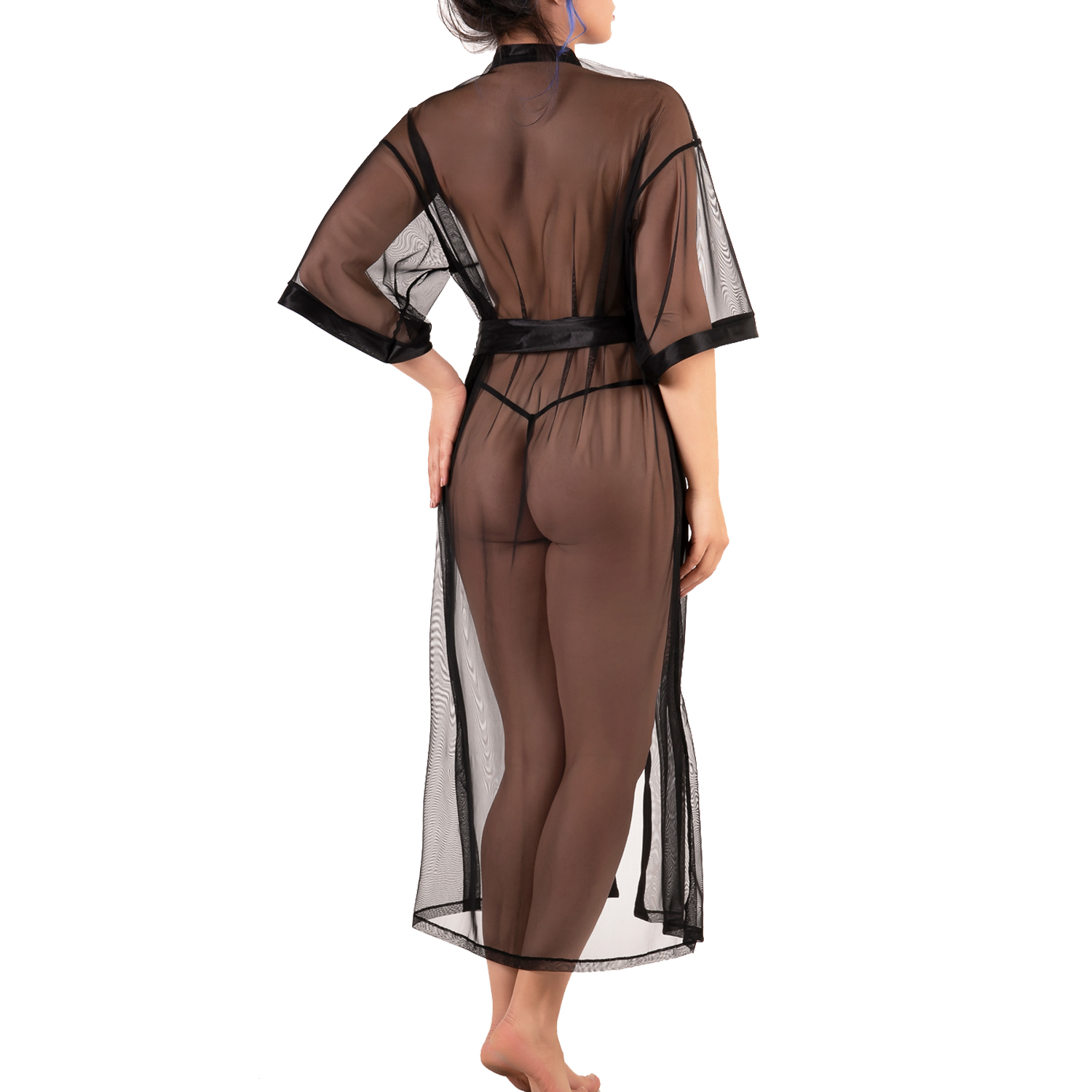 dos long déshabillé en tulle transparent noir